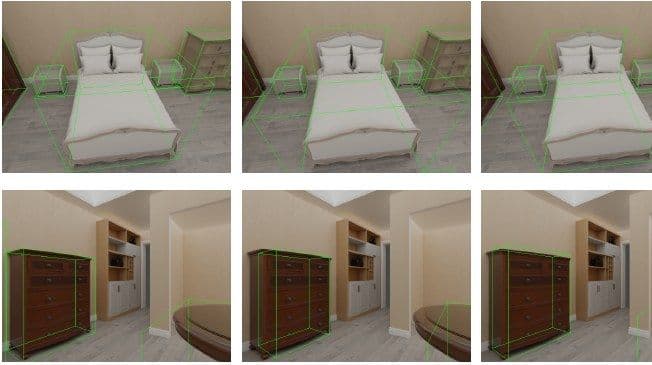 3D bounding boxes predicted on 3D-FRONT scenes